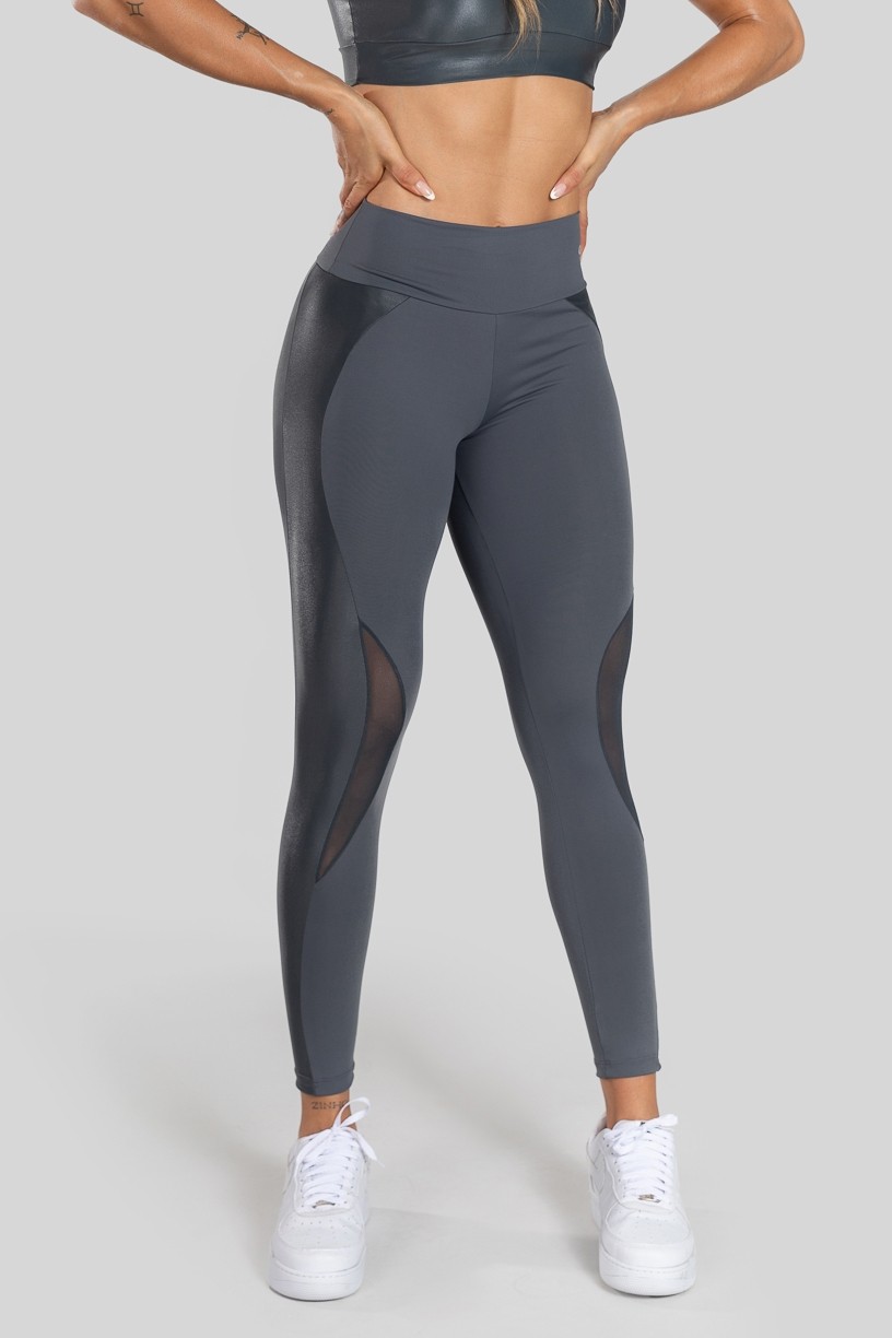 Calça Legging com Recorte em Cirrê e Tule (Cinza) | Ref: K3148-B