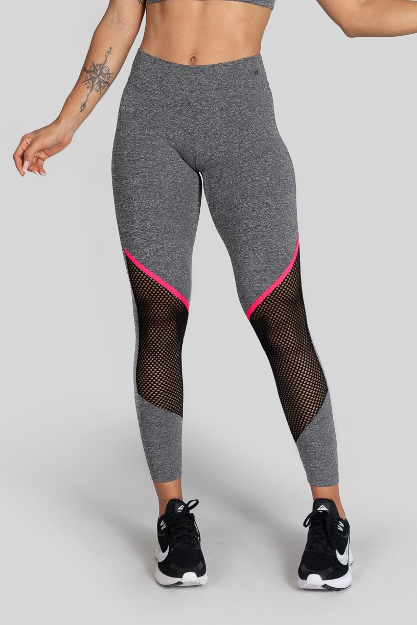 Calça Legging com Recorte em Tela (Cinza / Rosa) | Ref: K3132-B