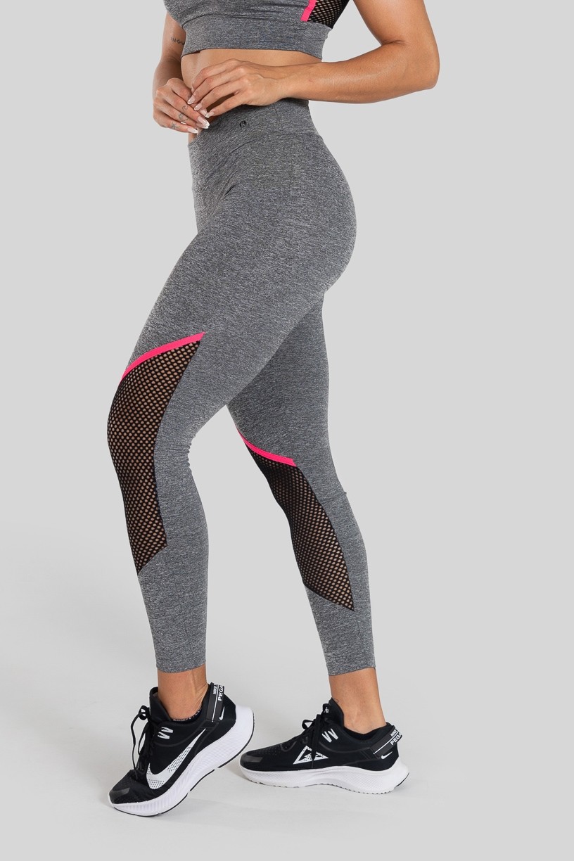 Calça Legging com Recorte em Tela (Cinza / Rosa) | Ref: K3132-B