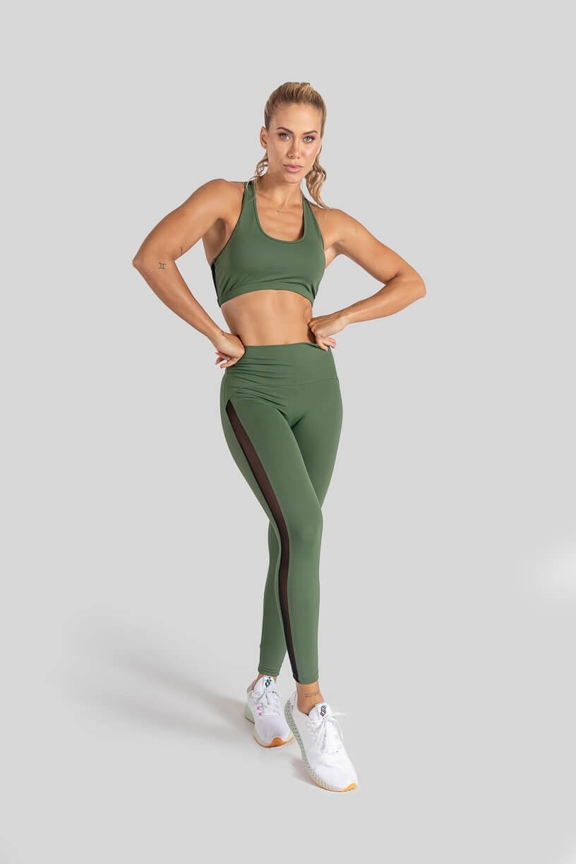 Calça Legging com Recorte Lateral de Tule (Verde Militar) | Ref: K3110-B