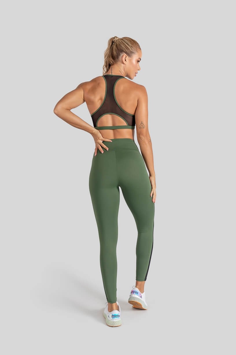 Calça Legging com Recorte Lateral de Tule (Verde Militar) | Ref: K3110-B