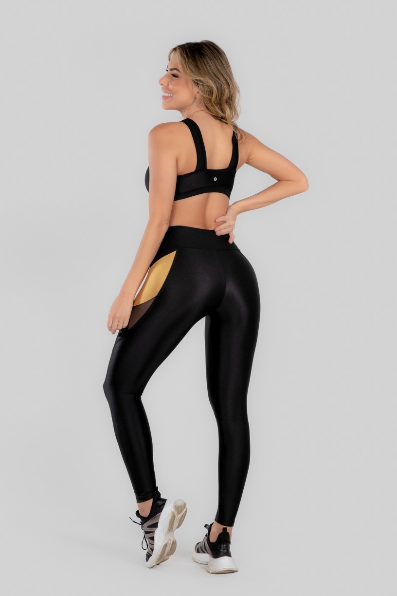 Calça Legging com Recorte de Tule (Preto / Ouro) | Ref: K2965-A