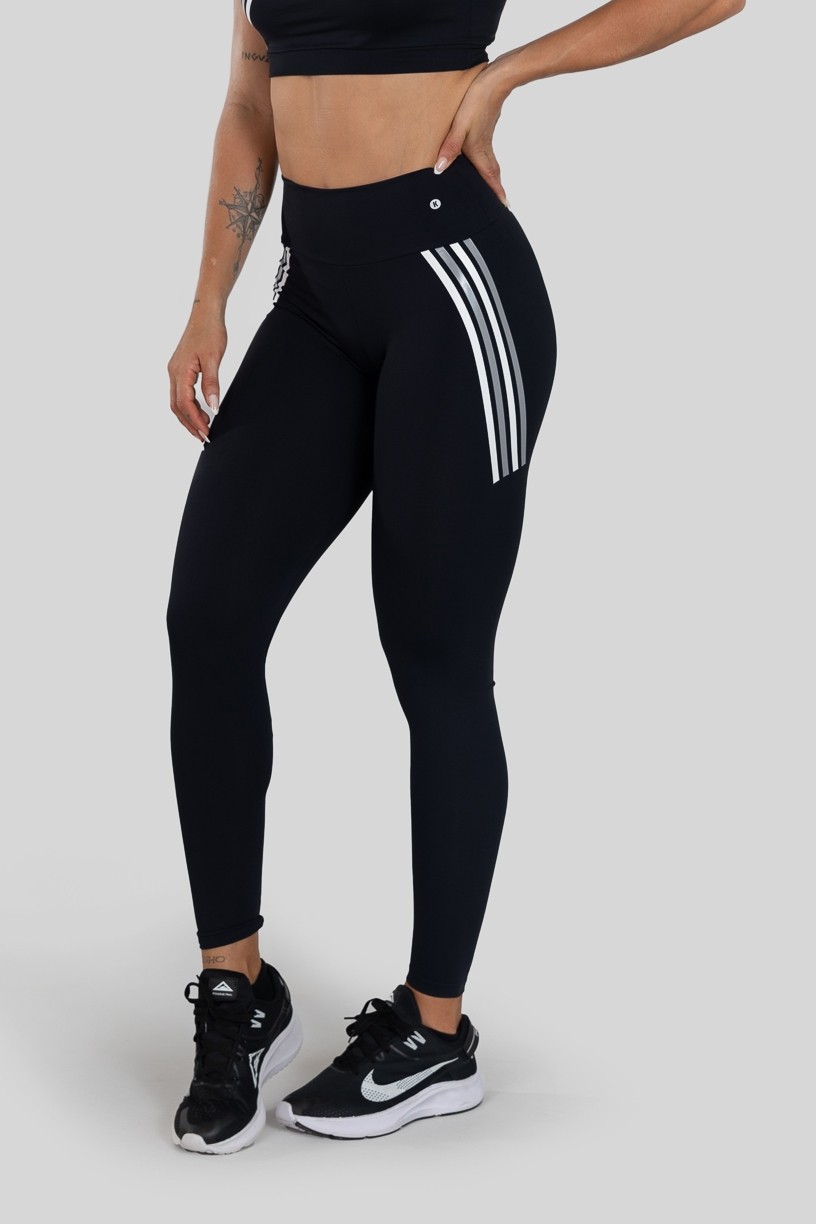 Calça Legging com Silk Listras Coloridas (Preto / Cinza) | Ref: K3137-C