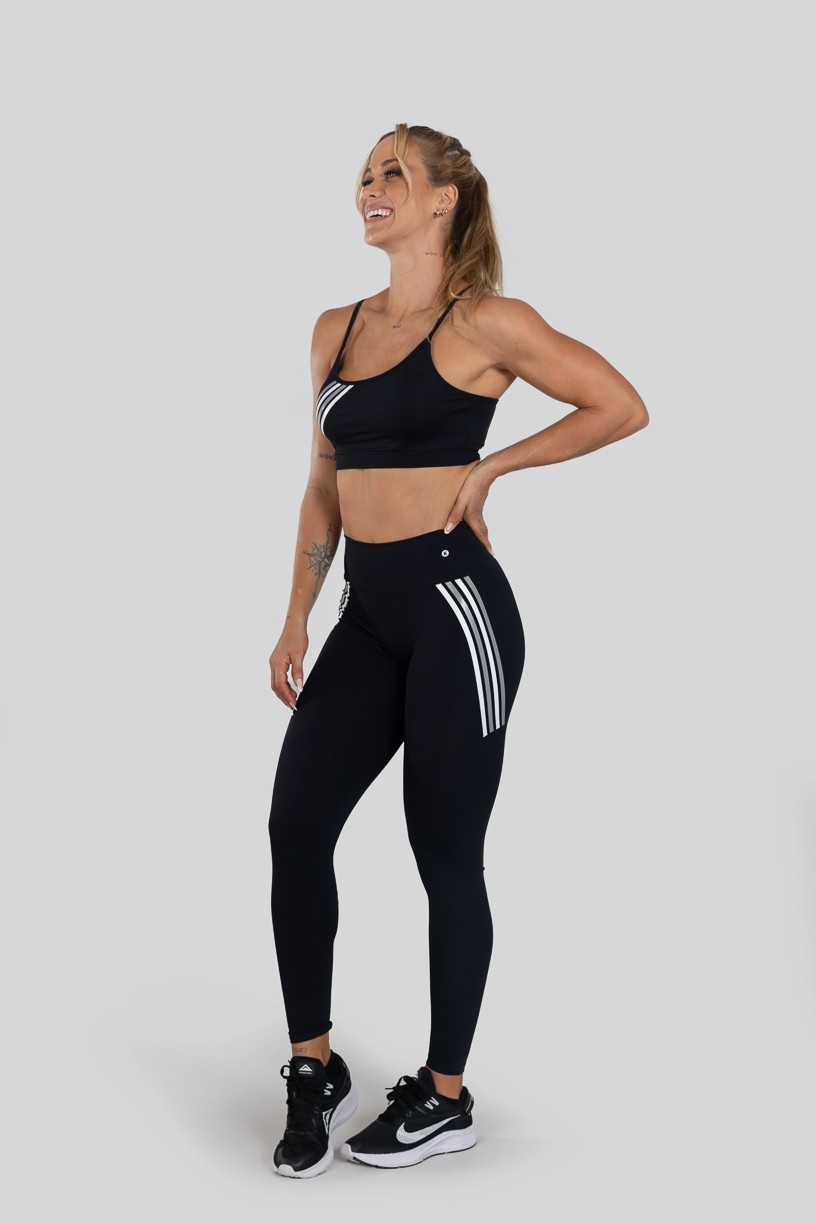 Calça Legging com Silk Listras Coloridas (Preto / Cinza) | Ref: K3137-C