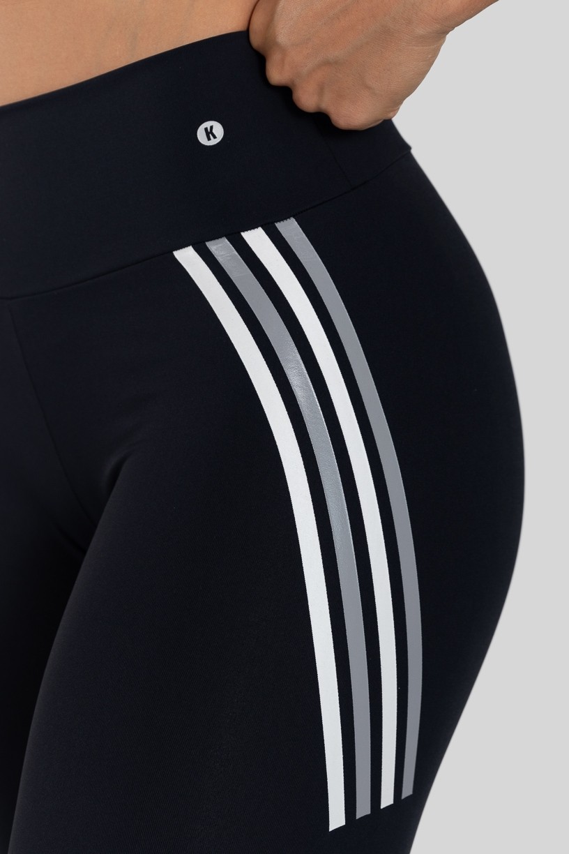 Calça Legging com Silk Listras Coloridas (Preto / Cinza) | Ref: K3137-C