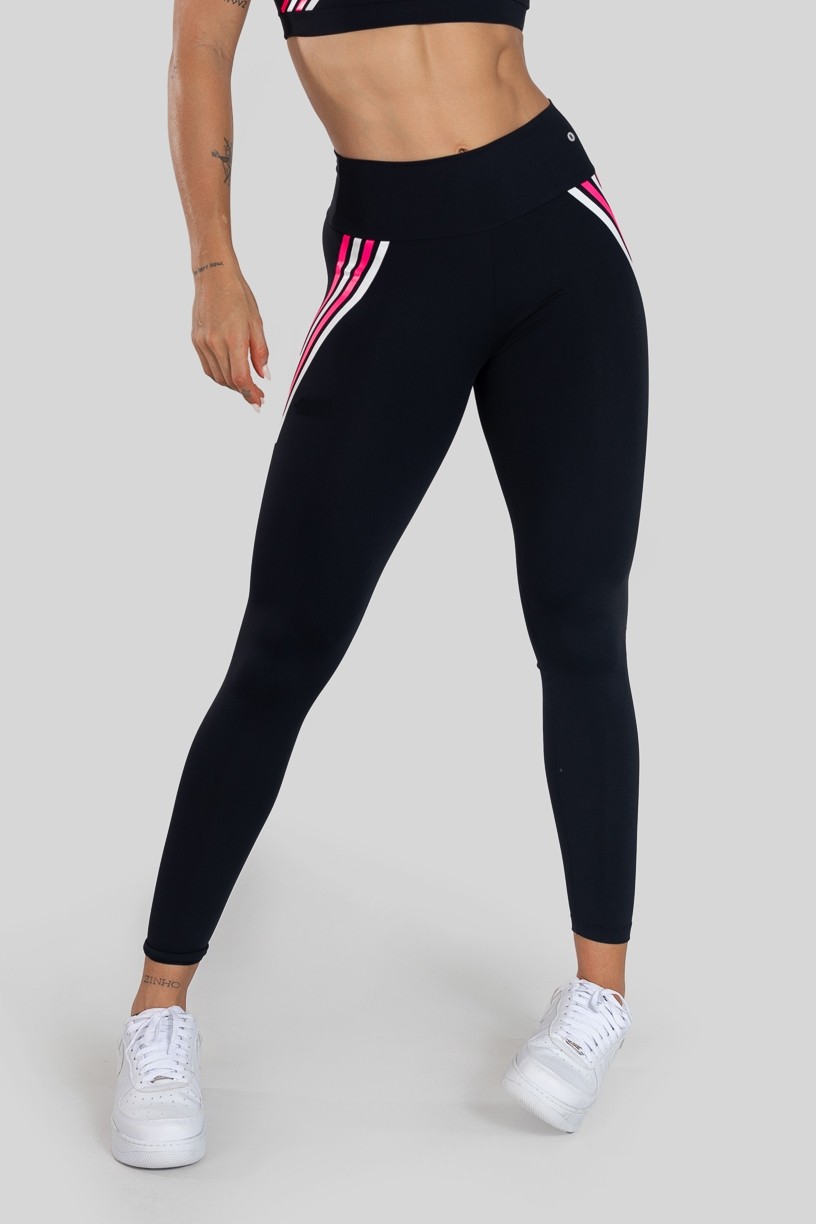 Calça Legging com Silk Listras Coloridas (Preto / Rosa) | Ref: K3137-A