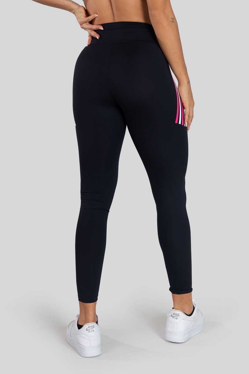 Calça Legging com Silk Listras Coloridas (Preto / Rosa) | Ref: K3137-A