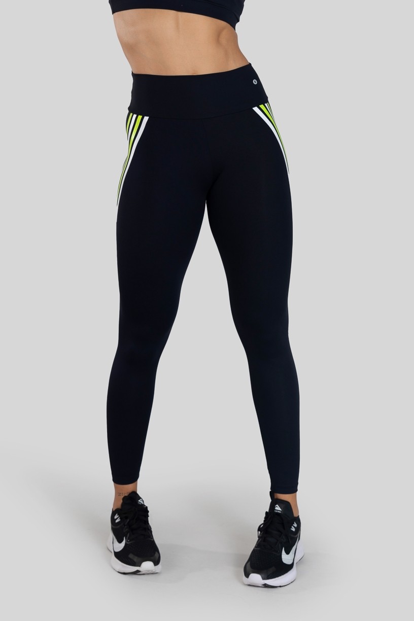 Calça Legging com Silk Listras Coloridas (Preto / Verde) | Ref: K3137-B