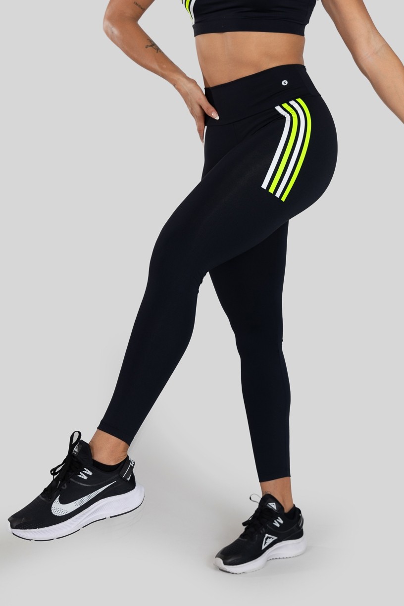 Calça Legging com Silk Listras Coloridas (Preto / Verde) | Ref: K3137-B