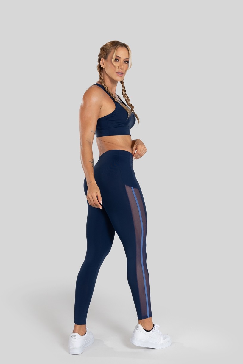 Calça Legging com Tule Lateral (Azul Marinho / Azul) | Ref: K3130-B