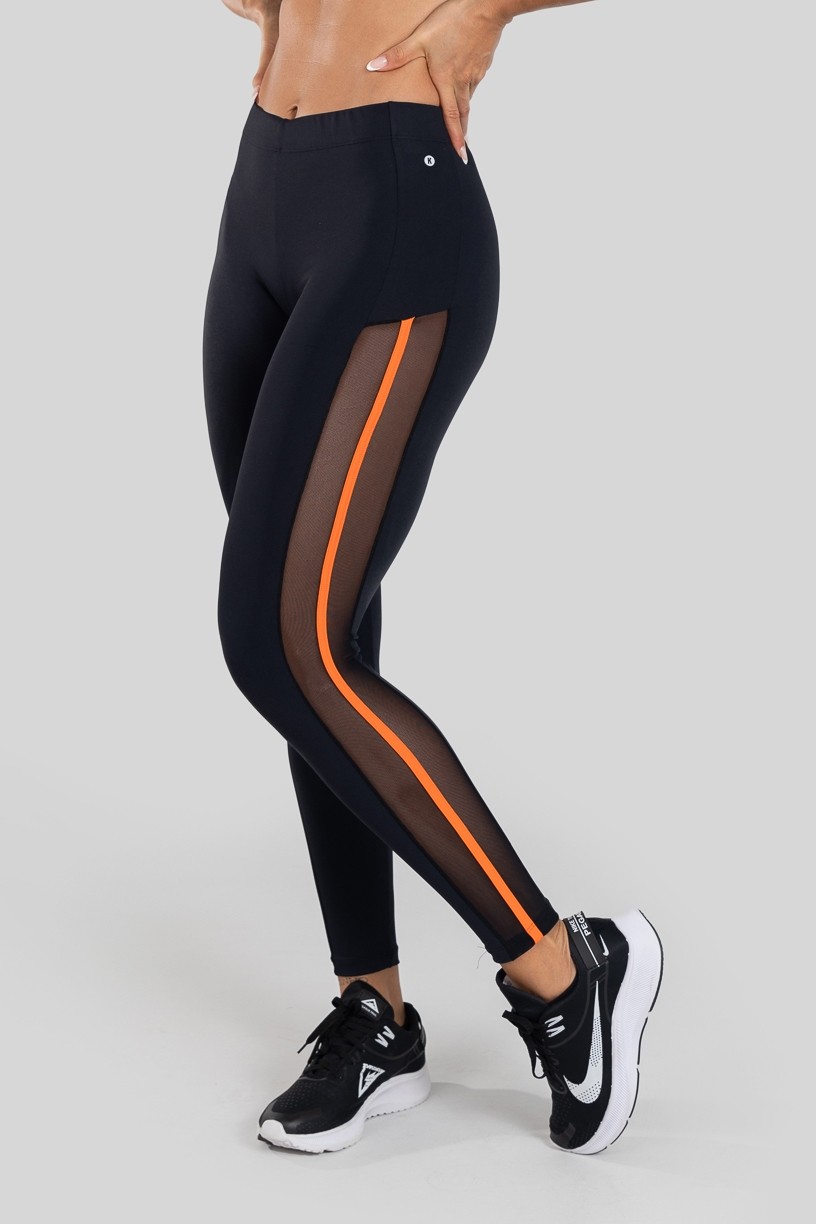 Calça Legging com Tule Lateral (Preto / Laranja) | Ref: K3130-D