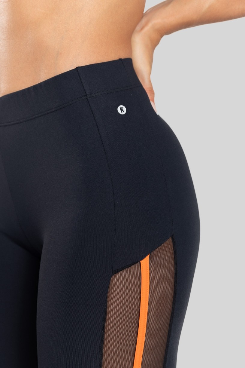 Calça Legging com Tule Lateral (Preto / Laranja) | Ref: K3130-D