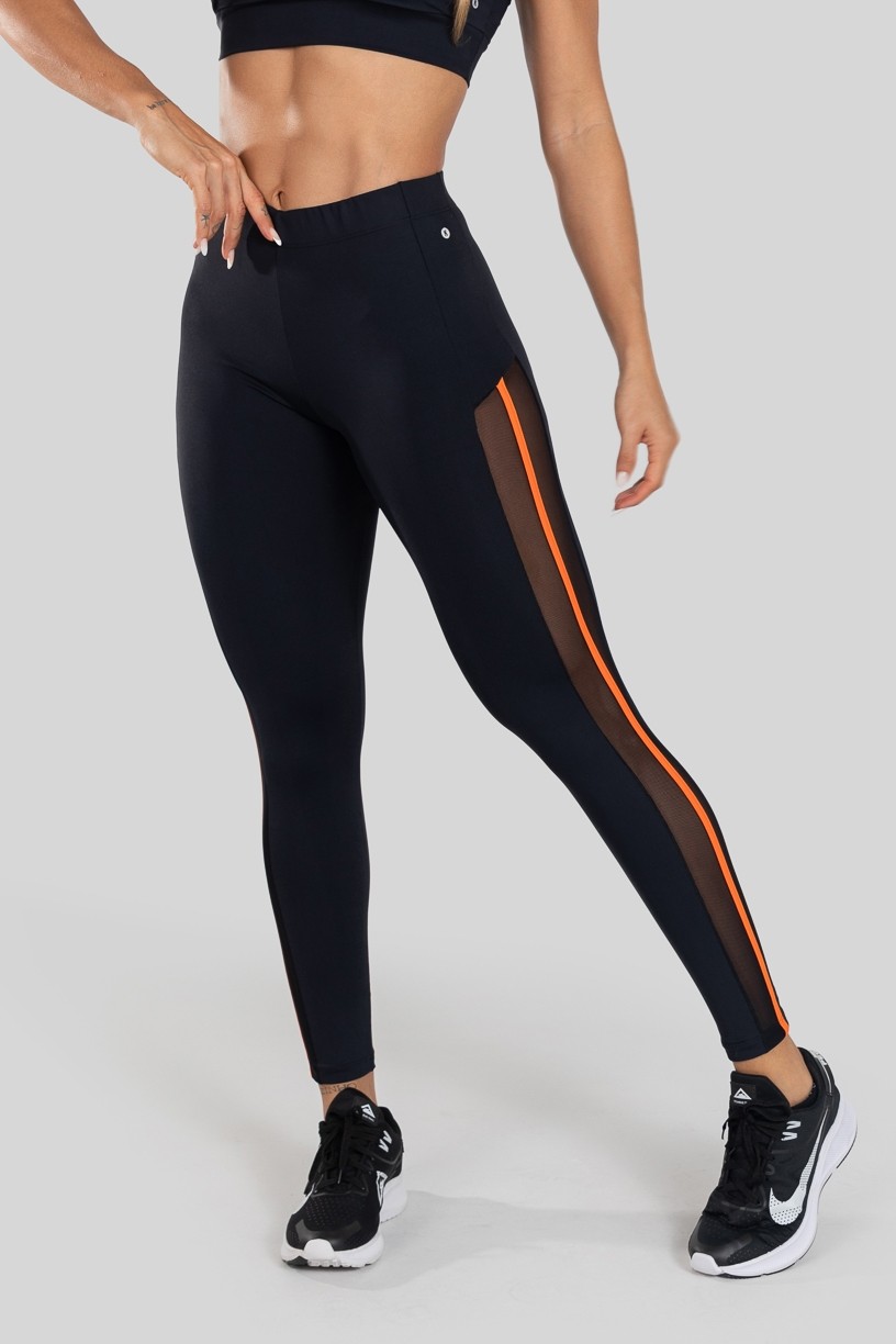 Calça Legging com Tule Lateral (Preto / Laranja) | Ref: K3130-D