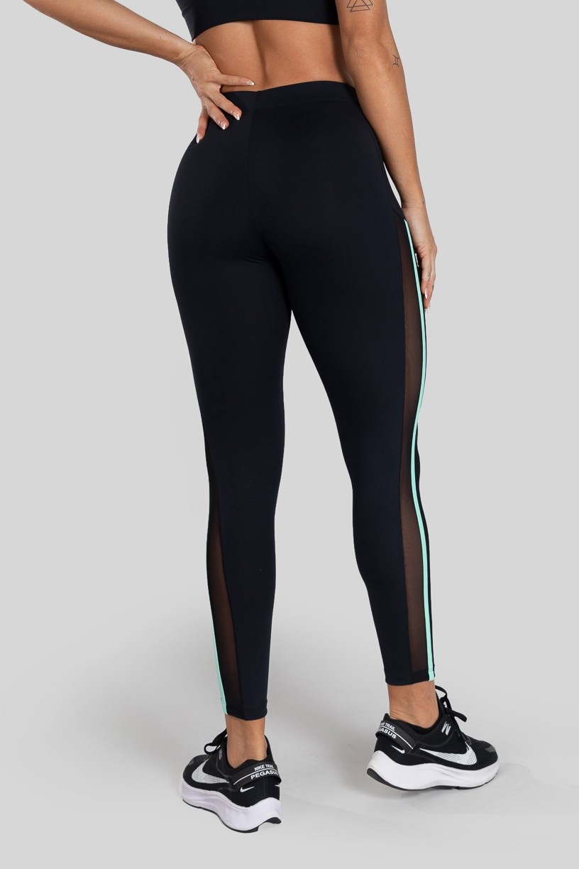 Calça Legging com Tule Lateral (Preto / Verde Claro) | Ref: K3130-F