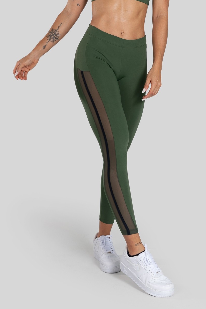 Calça Legging com Tule Lateral (Verde Militar / Preto) | Ref: K3130-E