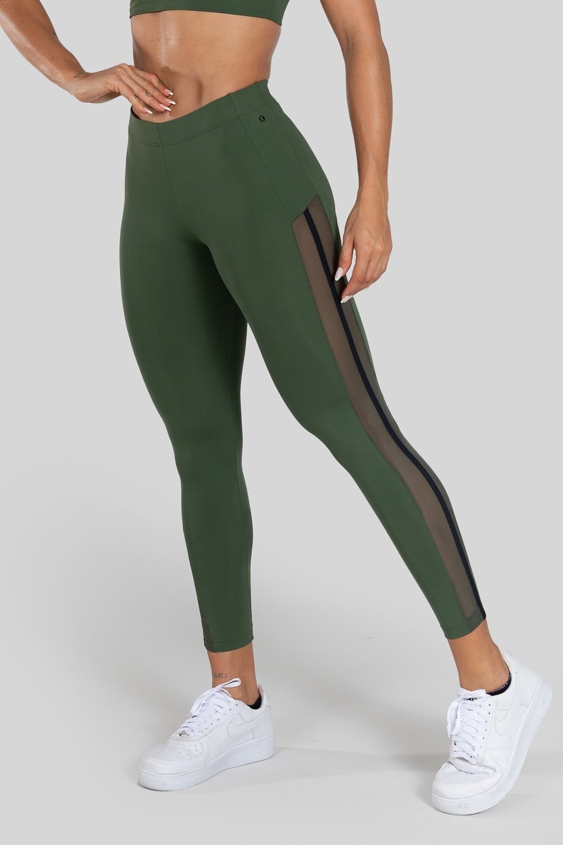 Calça Legging com Tule Lateral (Verde Militar / Preto) | Ref: K3130-E