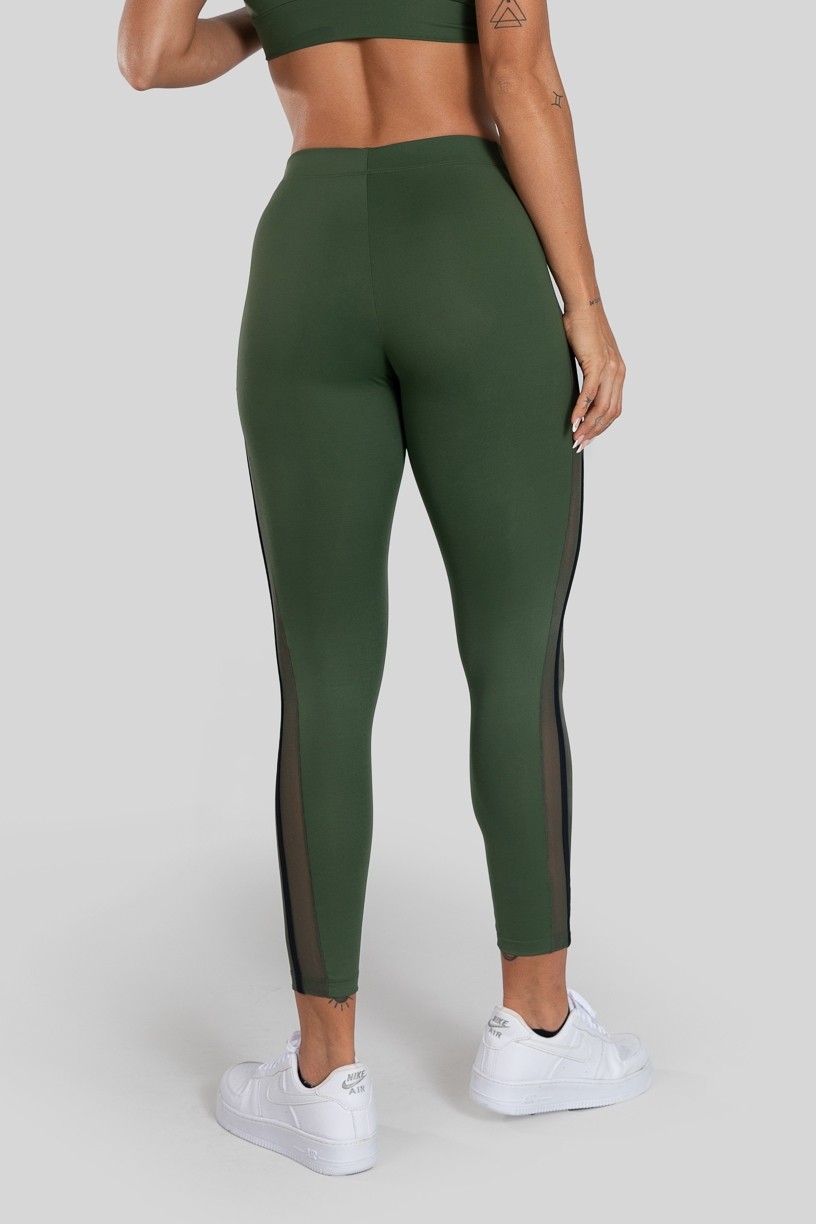 Calça Legging com Tule Lateral (Verde Militar / Preto) | Ref: K3130-E