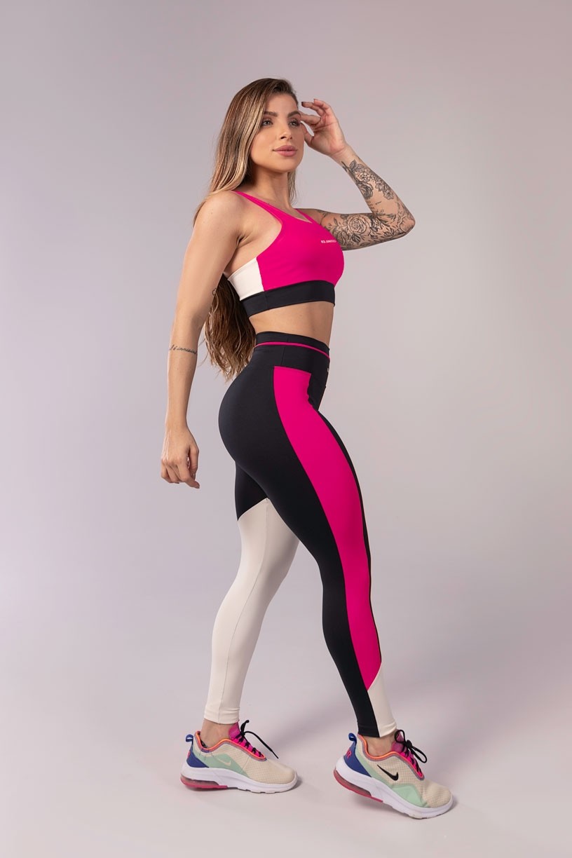 Calça Legging com Vivo no Cós (Preto / Rosa / Branco) | Ref: K3465-B