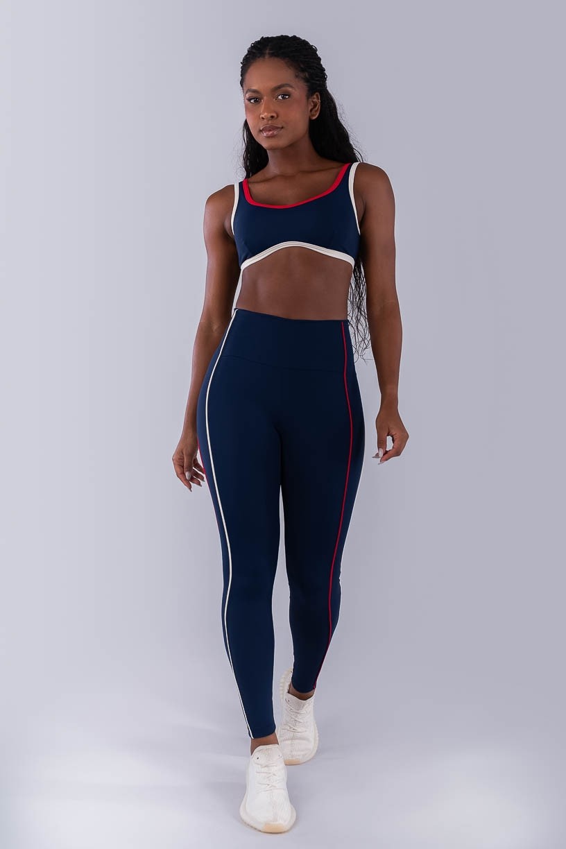 Calça Legging com Vivos Coloridos (Azul Marinho / Off-White / Vermelho) | Ref: K4476-C