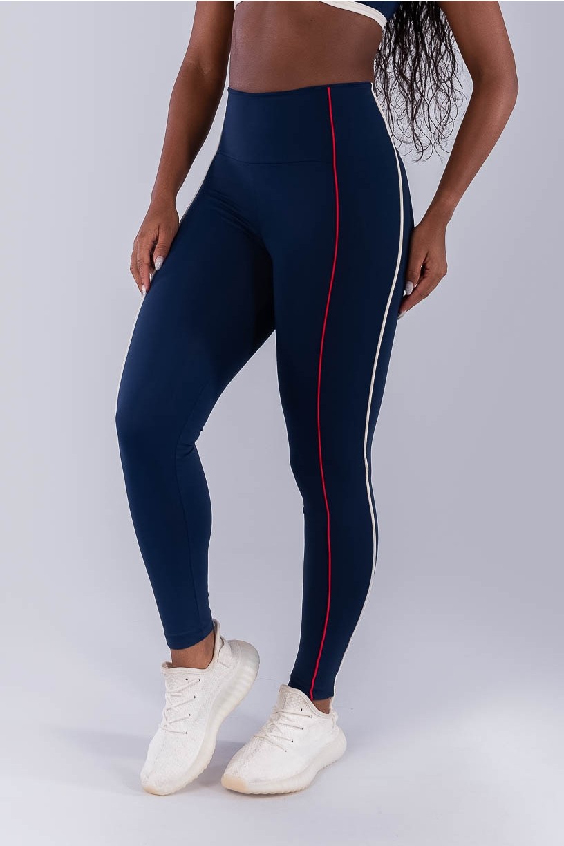 Calça Legging com Vivos Coloridos (Azul Marinho / Off-White / Vermelho) | Ref: K4476-C