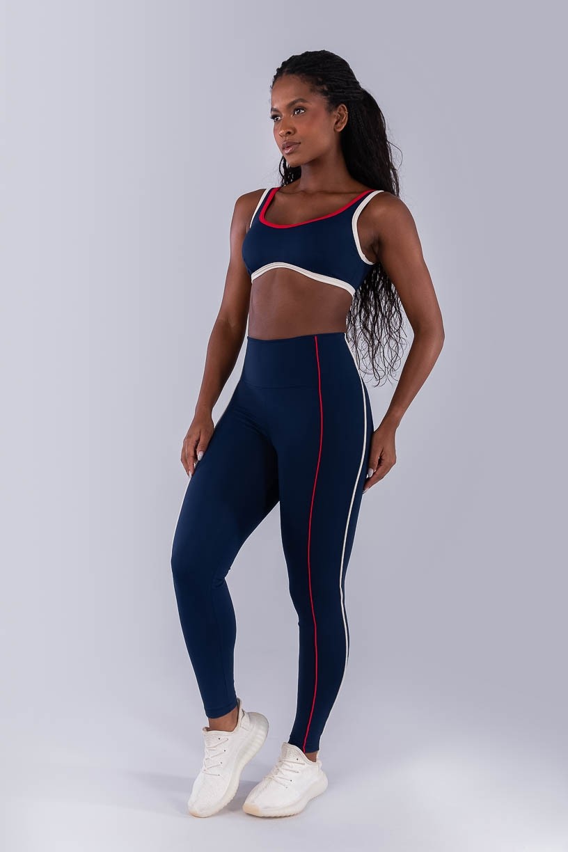 Calça Legging com Vivos Coloridos (Azul Marinho / Off-White / Vermelho) | Ref: K4476-C
