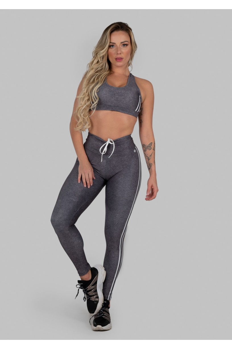 Calça Legging Estampa Digital com Cós Franzido e Cadarço (Sport Stripes Grey) | Ref: K2997-A