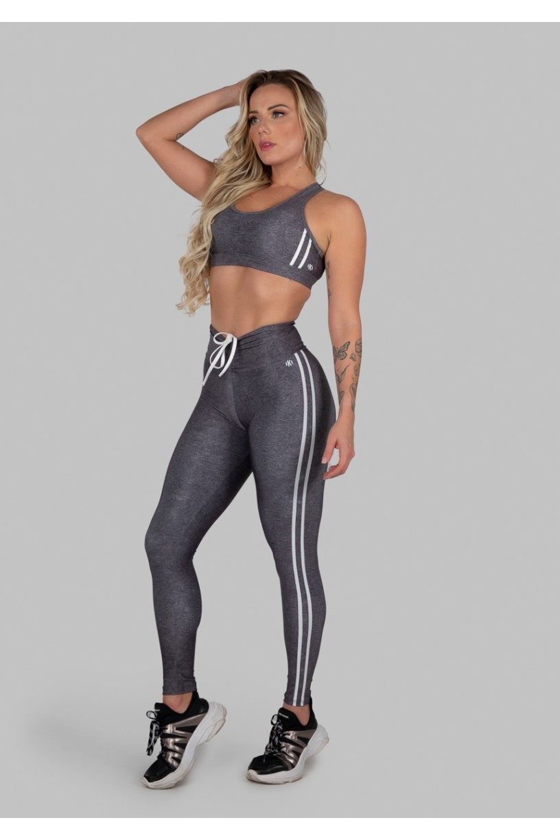 Calça Legging Estampa Digital com Cós Franzido e Cadarço (Sport Stripes Grey) | Ref: K2997-A