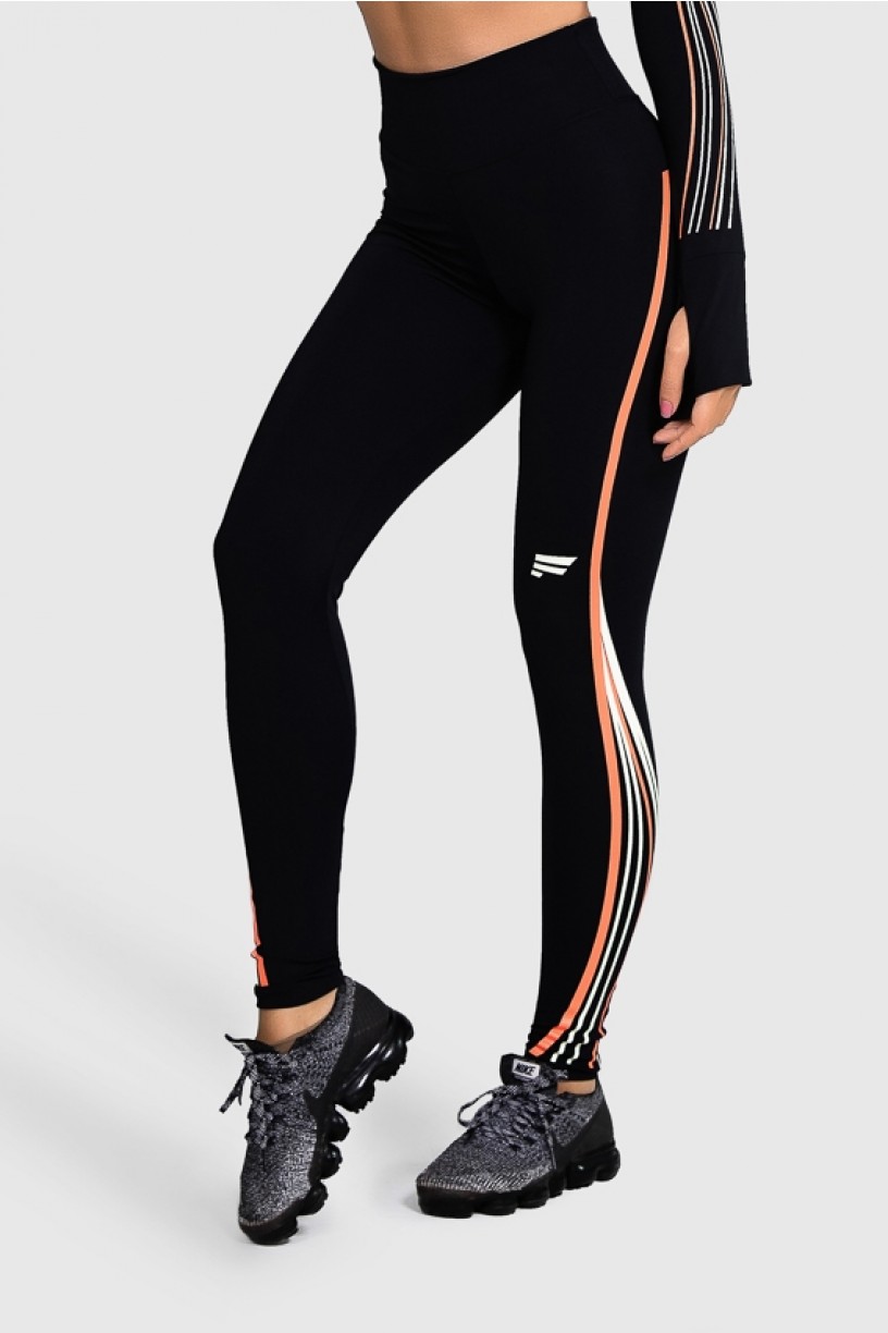 Calça Legging Fitness com Silk Waves (Preto / Laranja Neon + Off-White) | Ref: GO28-A