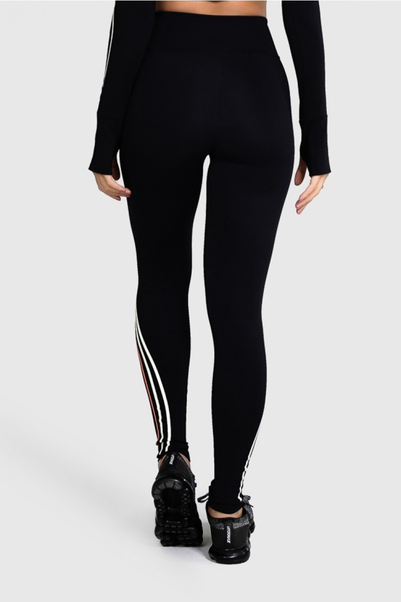 Calça Legging Fitness com Silk Waves (Preto / Laranja Neon + Off-White) | Ref: GO28-A