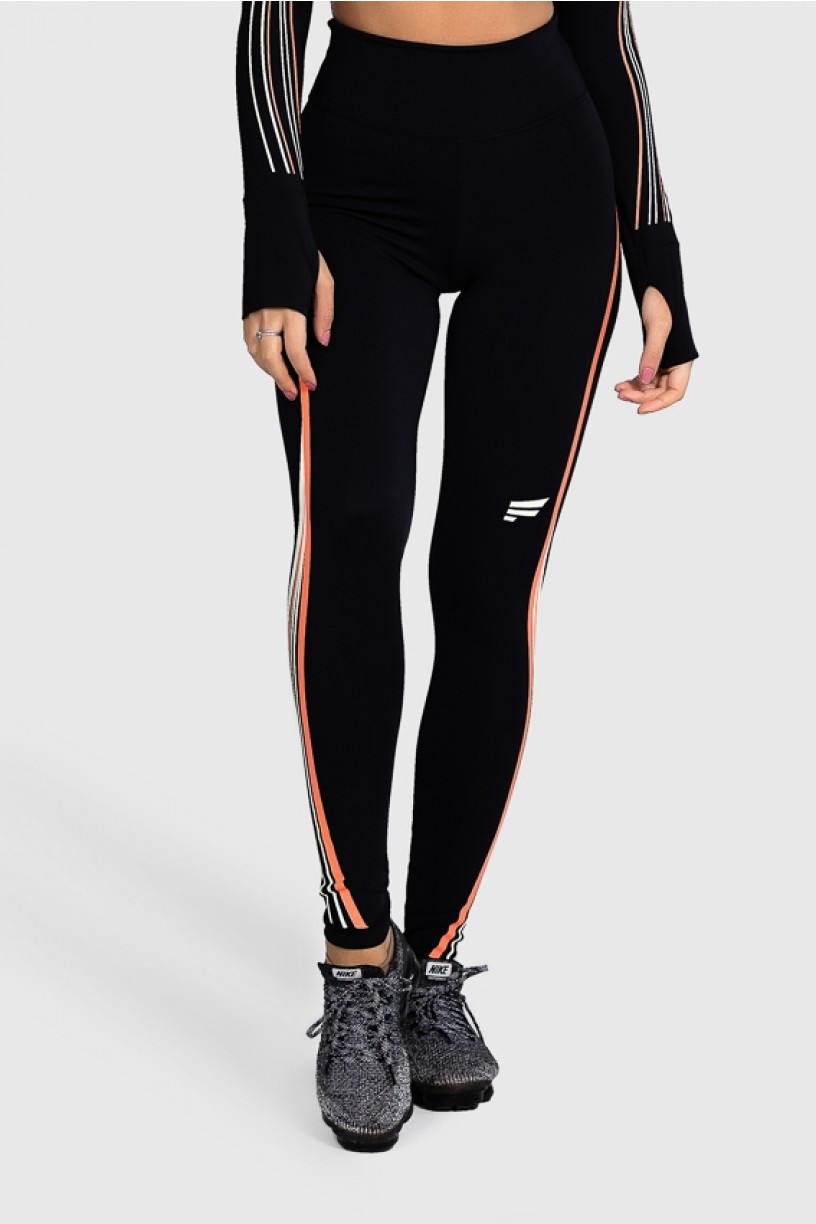 Calça Legging Fitness com Silk Waves (Preto / Laranja Neon + Off-White) | Ref: GO28-A