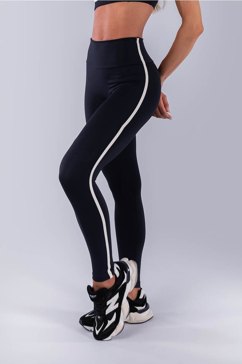 Calça Legging sem Gancho com Chapado nas Laterais (Preto / Off-White) | Ref: K4485-A