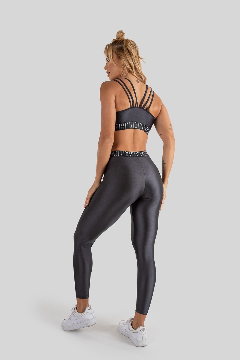 Calça Legging Tecido Platinado com Pesponto e Elástico (Chumbo  Preto)  Ref K3215-C