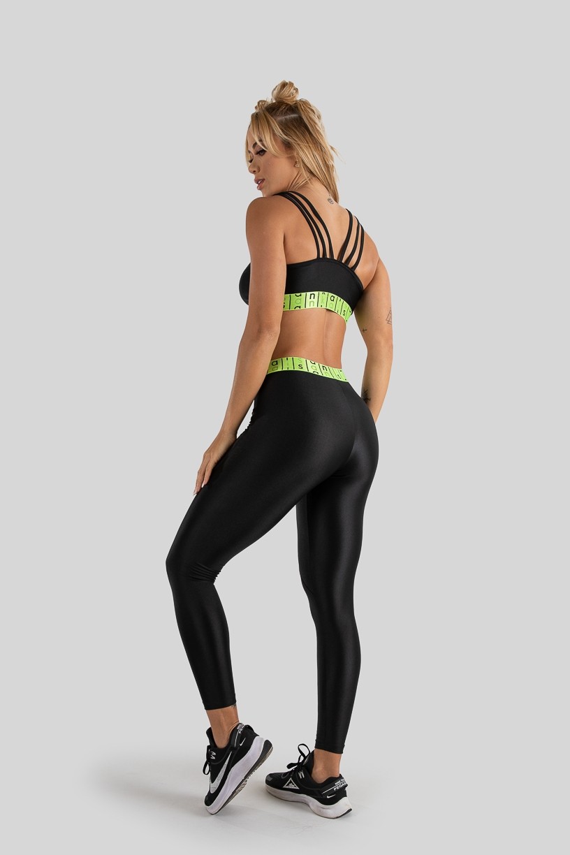 Calça Legging Tecido Platinado com Pesponto e Elástico (Preto  Amarelo)  Ref K3215-B