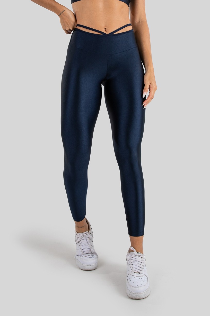Calça Legging Tecido Platinado com Tiras no Cós (Azul Marinho) | Ref: K3212-E
