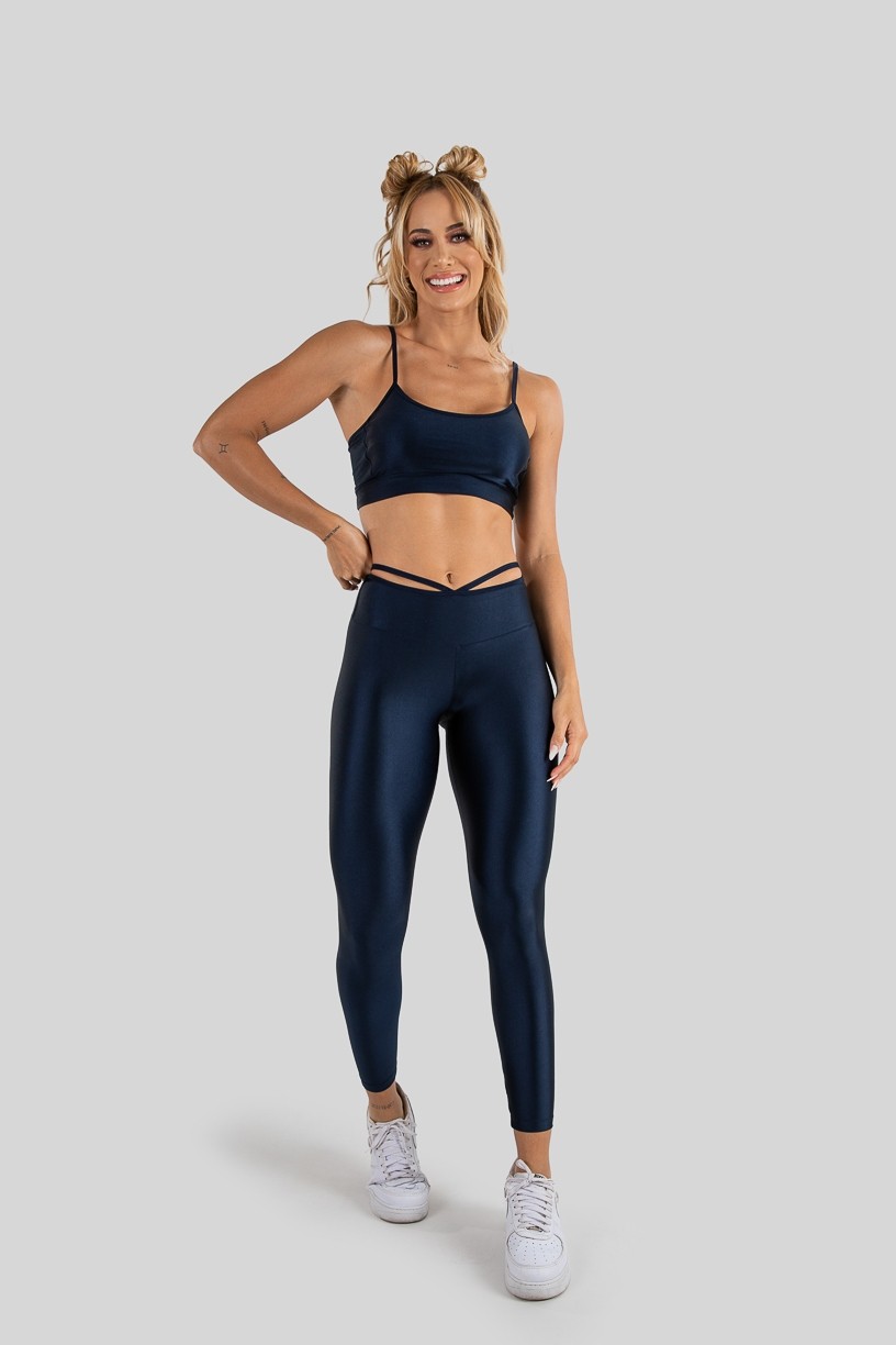 Calça Legging Tecido Platinado com Tiras no Cós (Azul Marinho) | Ref: K3212-E
