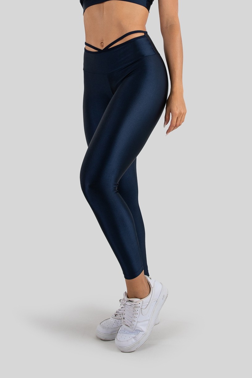 Calça Legging Tecido Platinado com Tiras no Cós (Azul Marinho) | Ref: K3212-E