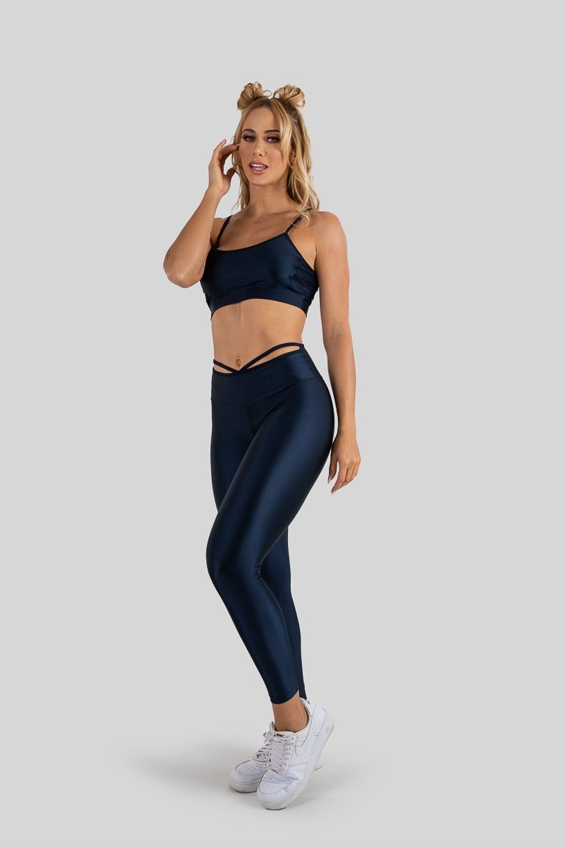 Calça Legging Tecido Platinado com Tiras no Cós (Azul Marinho) | Ref: K3212-E