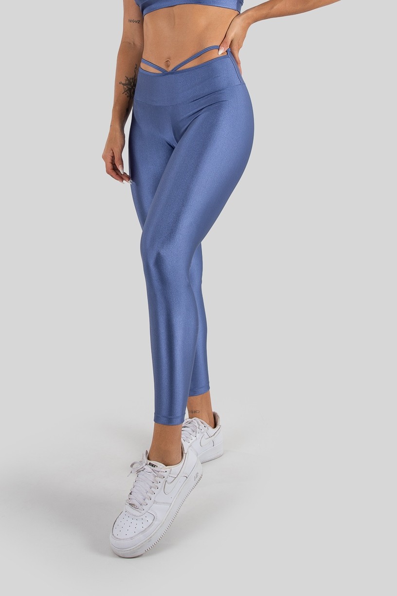 Calça Legging Tecido Platinado com Tiras no Cós (Azul) | Ref: K3212-F