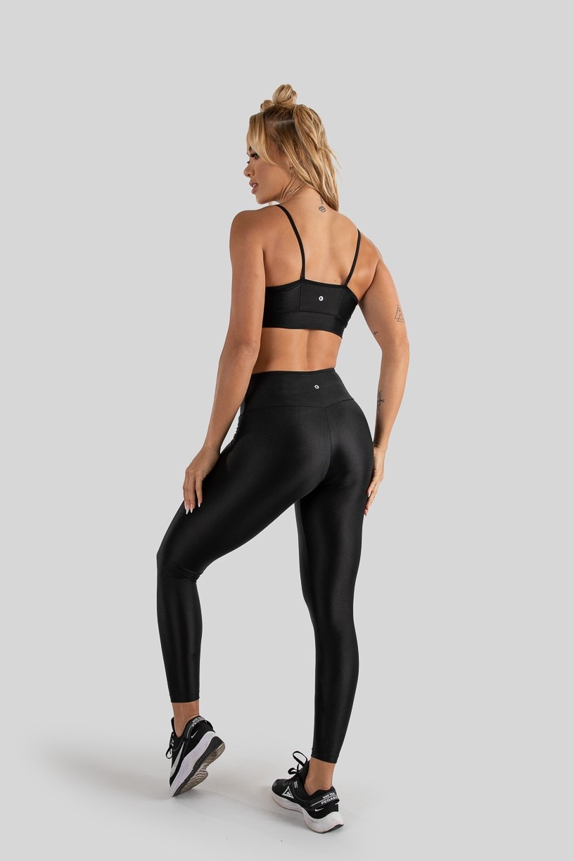 Calça Legging Tecido Platinado com Tiras no Cós (Preto)  Ref K3212-B