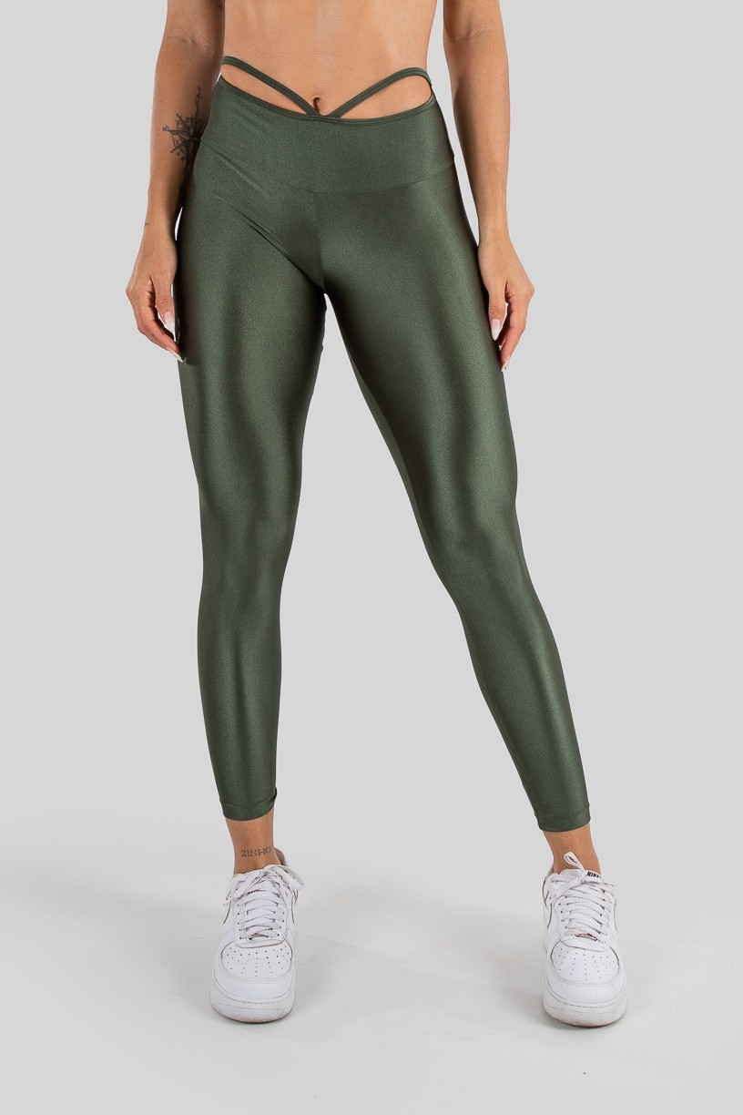 Calça Legging Tecido Platinado com Tiras no Cós (Verde Militar) | Ref: K3212-D