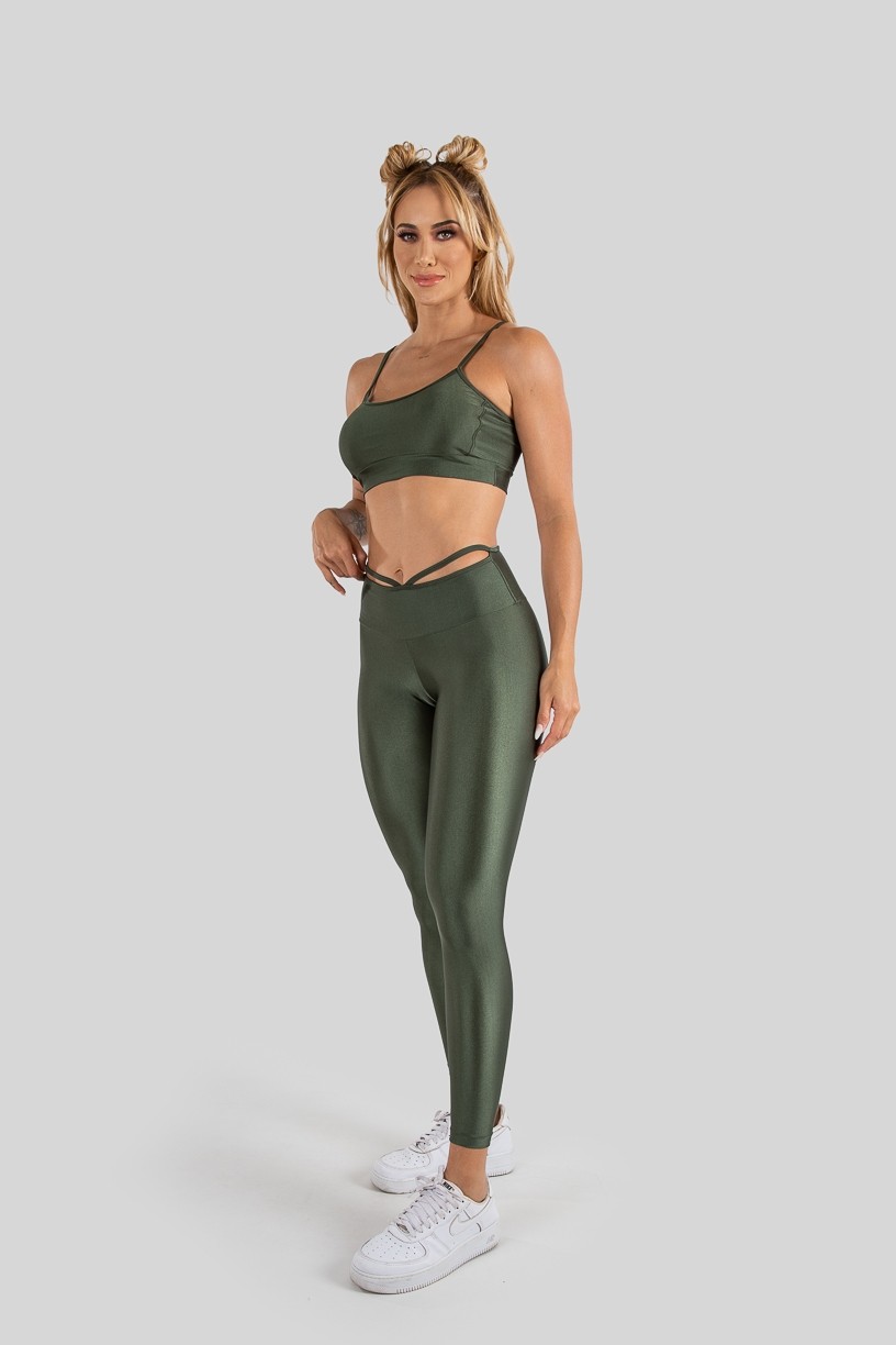 Calça Legging Tecido Platinado com Tiras no Cós (Verde Militar) | Ref: K3212-D