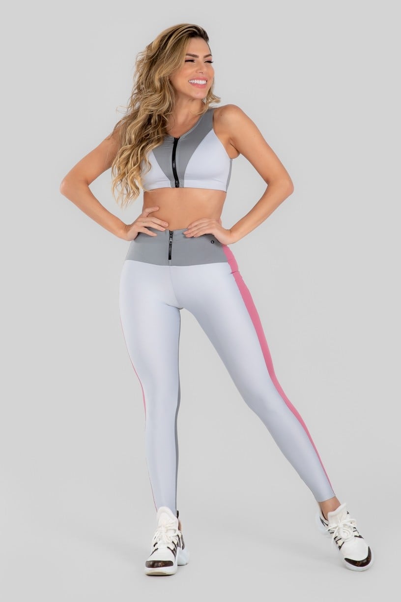 Calça Legging Três Cores com Zíper (Branco / Cinza / Rosa) | Ref: K2967-B