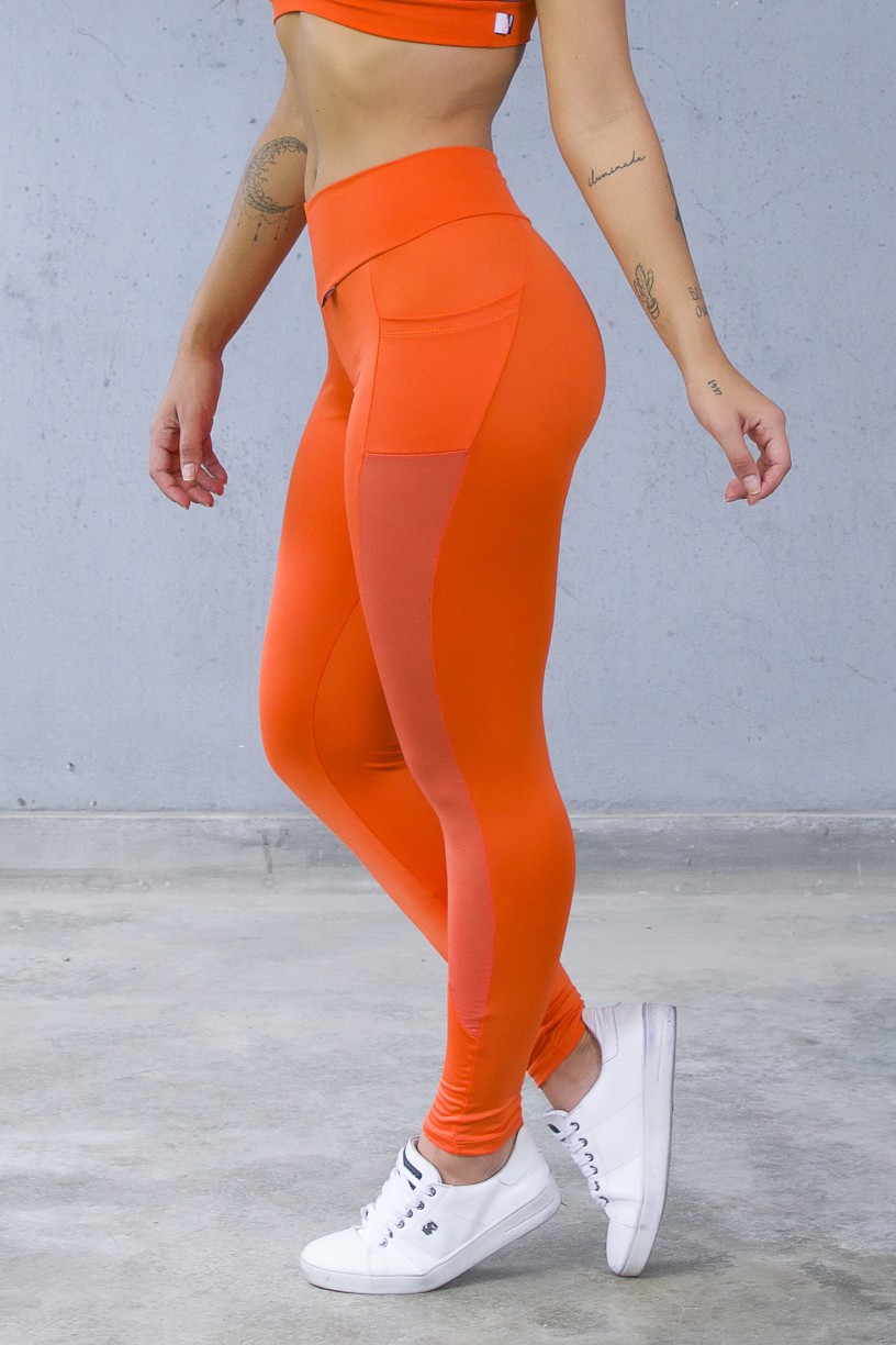 Calça Paula Lisa com Detalhe Dry Fit e Bolso (Laranja) | Ref: KS-F584-006