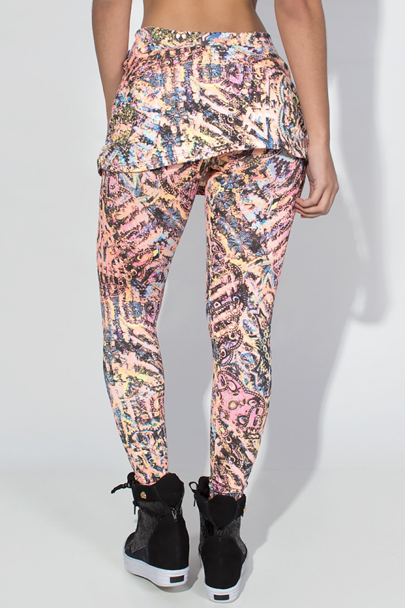 Calça Legging Saia Franzida (Salmão com Tribal e Flores) | Ref: KS-F122-003