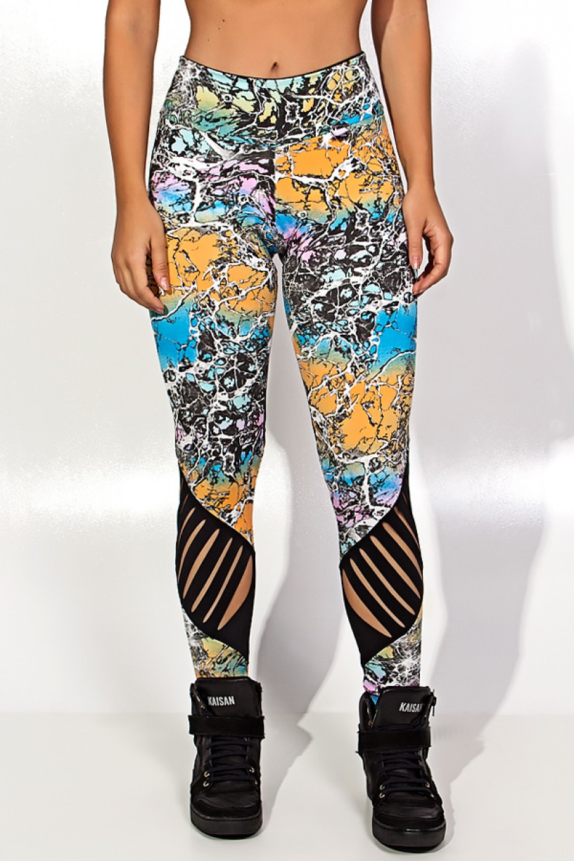 Calça Estampada com Detalhe Rasgado (Azul Laranja e Verde Agua com Manchas Branca com Preto)