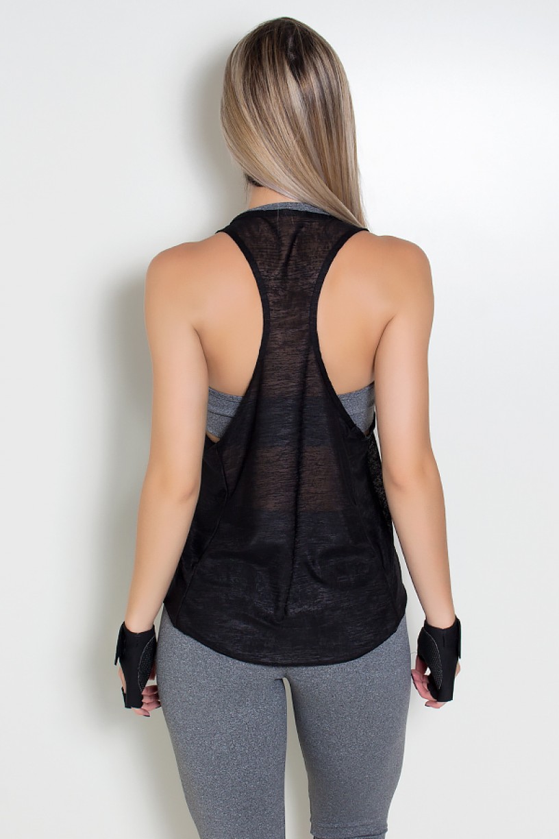 Camiseta Tecido Transparente com Bolso (Preto) | Ref: KS-F308-002