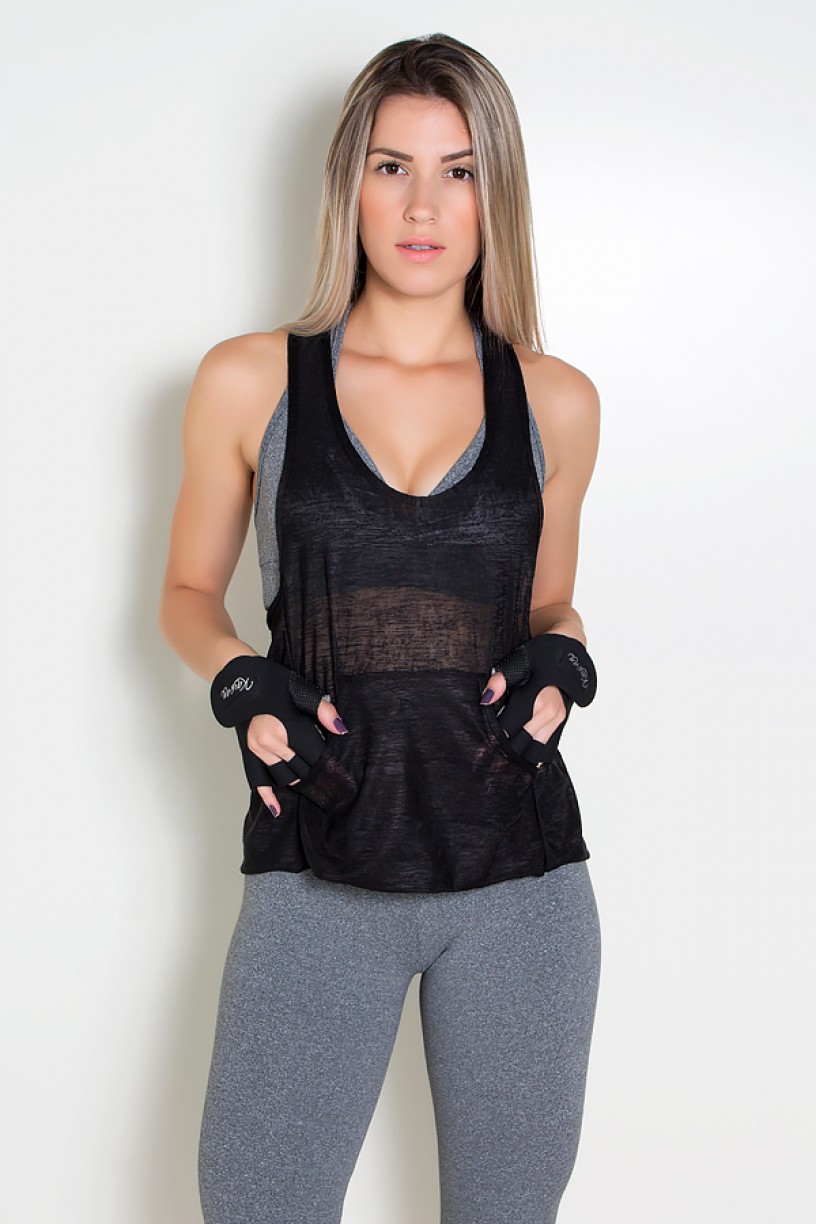 Camiseta Tecido Transparente com Bolso (Preto) | Ref: KS-F308-002