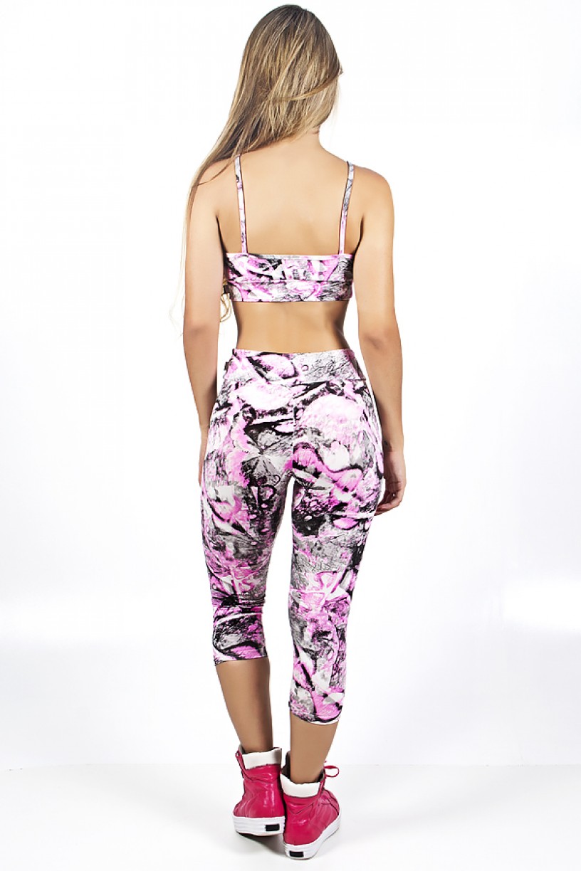 Conjunto Top + Corsário Estampada (Folha Cinza e Rosa) | Ref: KS-F883-022