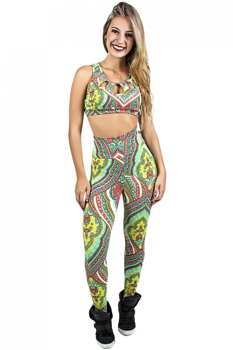 Conjunto Top Gota e Legging Estampada (Indiano Verde Amarelo e Vermelho)