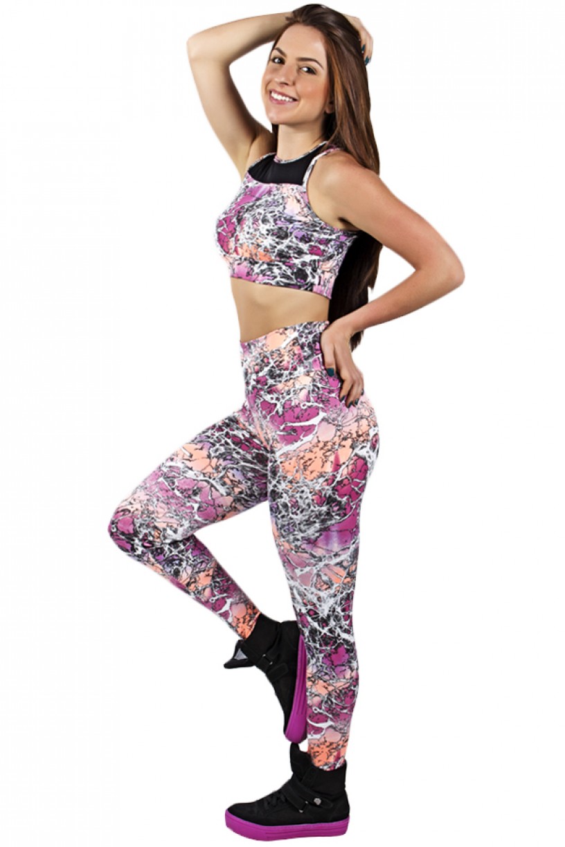 Conjunto Cropped Estampado com Detalhe Liso + Legging Estampada Rosa e Laranja com Manchas Brancas | Ref: F850 